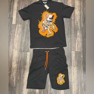 Athletic Black and Orange Short Set with Graphic Design